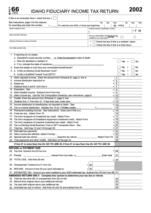 Form 66 - Idaho Fiduciary Income Tax Return - 2002 Printable pdf