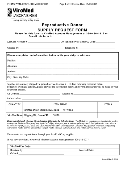 Fillable Reproductive Donor Supply Request Form Printable pdf