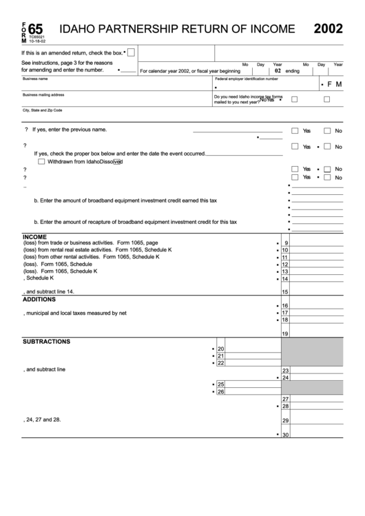 Form 65 - Idaho Partnership Return Of Income - 2002 Printable pdf