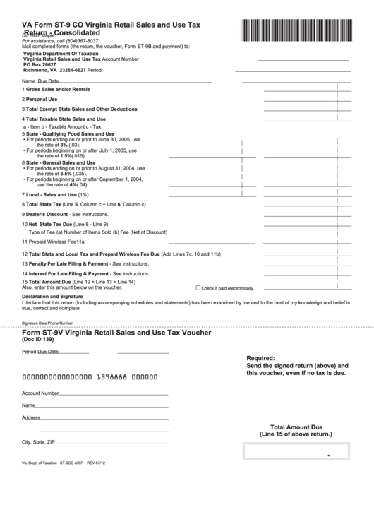 Fillable Form St-9 Co - Virginia Retail Sales And Use Tax Return - Consolidated Printable pdf