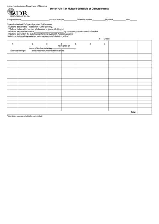 Fillable Form R-5290 - Motor Fuel Tax Multiple Schedule Of Disbursements - Louisiana Department Of Revenue Printable pdf