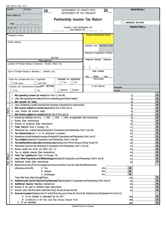 Form 480.10 - Partnership Income Tax Return - 2011 Printable pdf