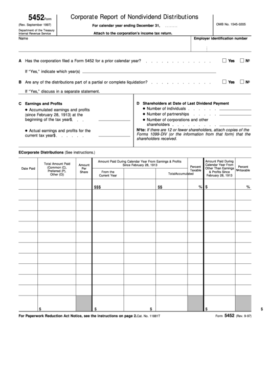 Form 5452 - Corporate Report Of Nondividend Distributions Printable pdf
