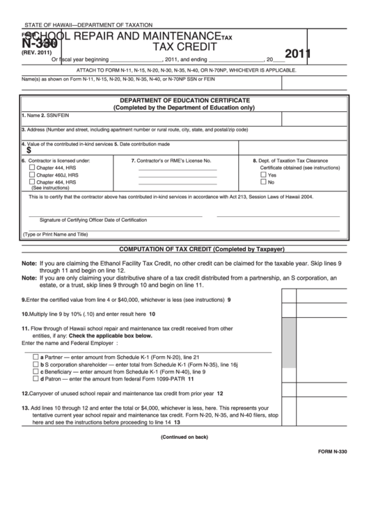 Form N-330 - School Repair And Maintenance Tax Credit - 2011 Printable pdf