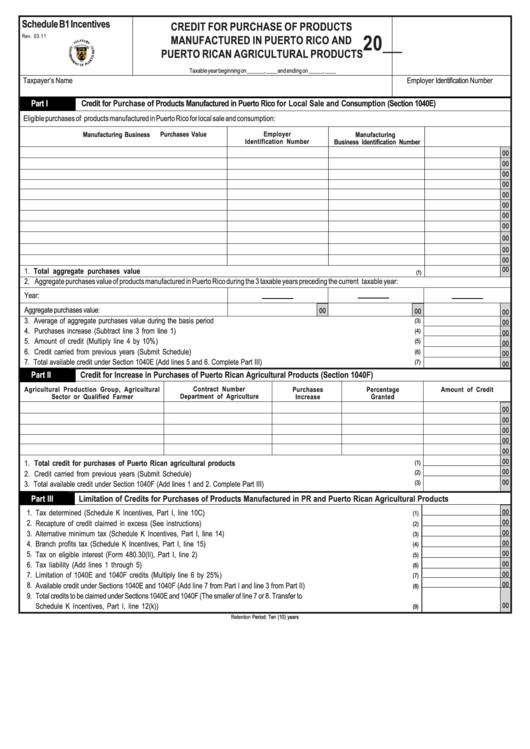 Schedule B1 Incentives - Credit For Purchase Of Products Manufactured In Puerto Rico And Puerto Rican Agricultural Products Printable pdf