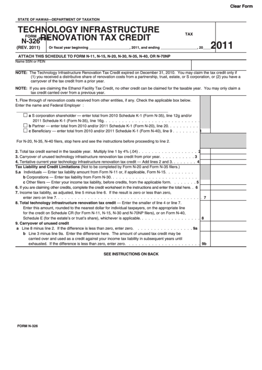 Fillable Form N-326 - Technology Infrastructure Renovation Tax Credit - 2011 Printable pdf