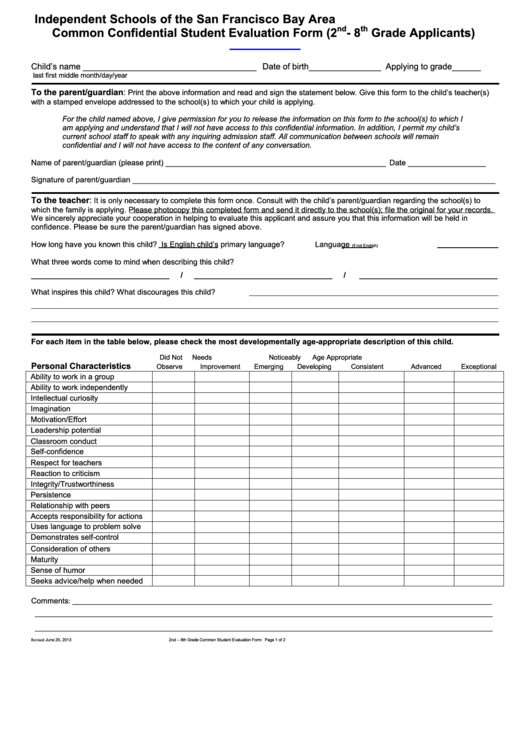 Common Confidential Student Evaluation Form (2nd- 8th Grade Applicants) - Independent Schools Of The San Francisco Bay Area Printable pdf