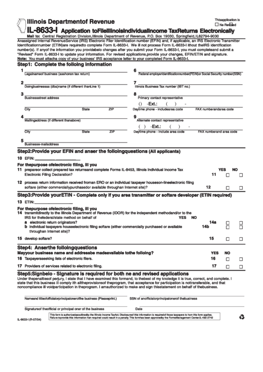 Form Il-8633-I - Application To File Illinois Individual Income Tax Returns Electronically Printable pdf