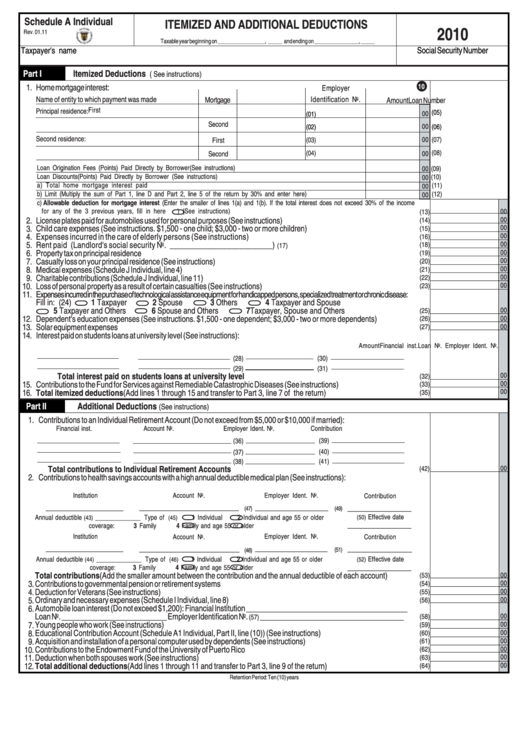 Schedule A Individual - Itemized And Additional Deductions - 2010 Printable pdf