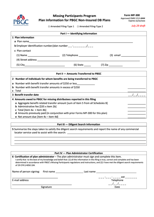 Form Mp-300 Draft - Plan Information For Pbgc Non-Insured Db Plans - Pension Benefit Guaranty Corporation Printable pdf