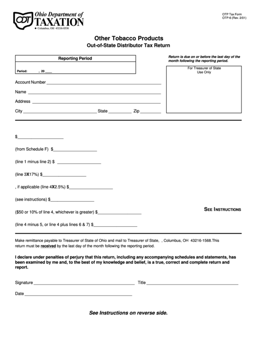 Form Otp-6 - Other Tobacco Products Out-Of-State Distributor Tax Return Printable pdf