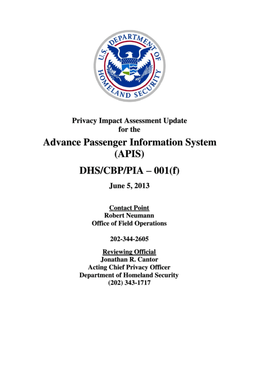 Privacy Impact Assessment Update For The Advance Passenger Information System (Apis) - U.s. Department Of Homeland Security - 2013 Printable pdf