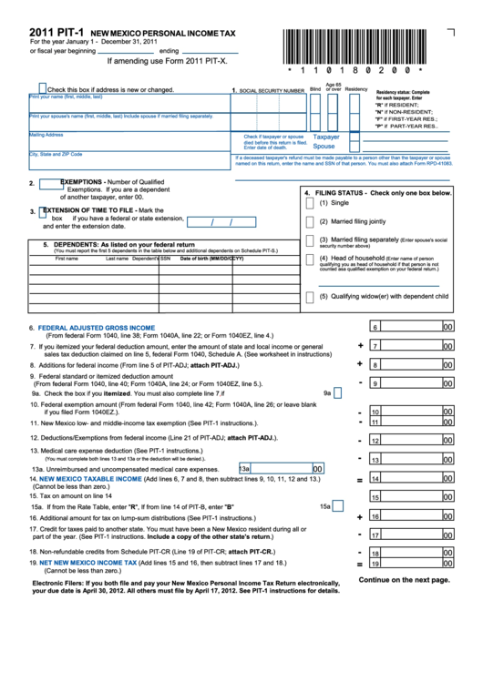 Form Pit-1 - New Mexico Personal Income Tax/form Pit-Adj - New Mexico Schedule Of Additions And Deductions/exemptions - 2011 Printable pdf