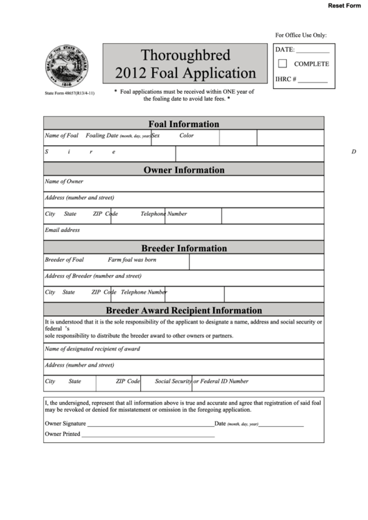 Fillable Form 48657 - Thoroughbred 2012 Foal Application Printable pdf