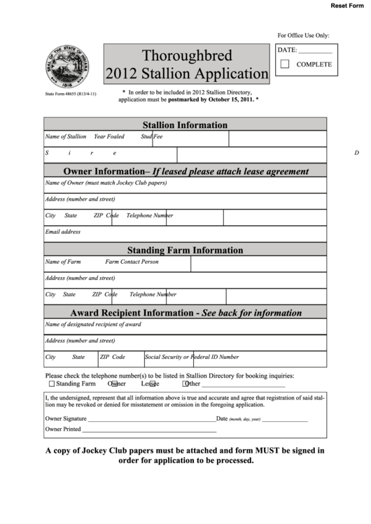 Fillable State Form 48655 - Thoroughbred 2012 Stallion Application Printable pdf