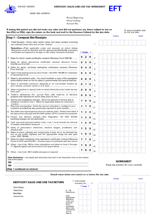 Form 51a102e - Kentucky Sales And Use Tax Worksheet Printable pdf