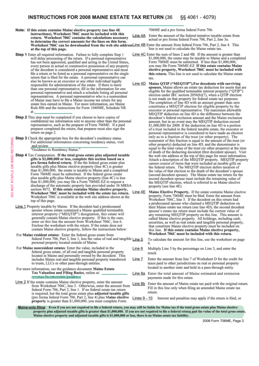 Instructions And Worksheet For 2008 Maine Estate Tax Return Printable 