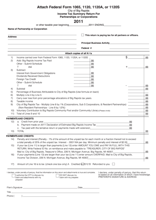 Income Tax Summary Return For Partnerships Or Corporations - City Of Big Rapids - 2011 Printable pdf