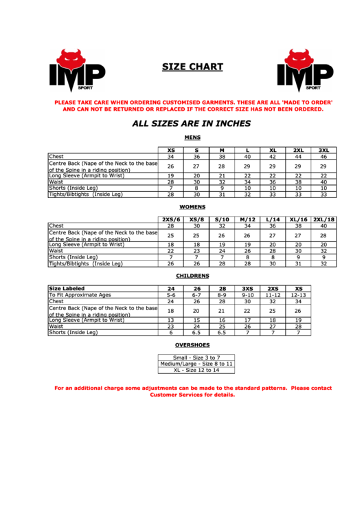 Imp Sport - Size Chart Printable pdf
