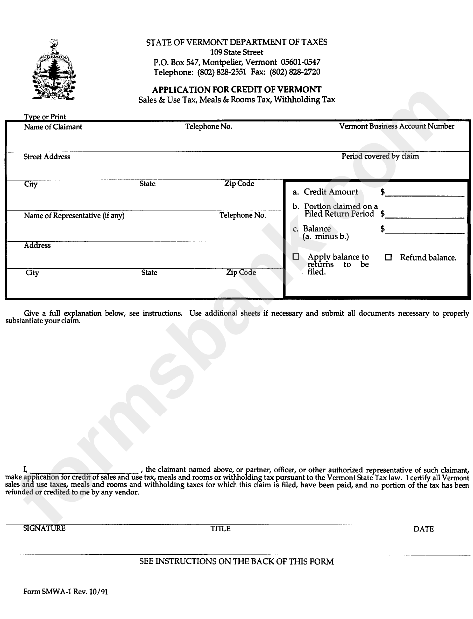 Form Smwa-1 - Application For Credit Of Vermont - Department Of Taxes