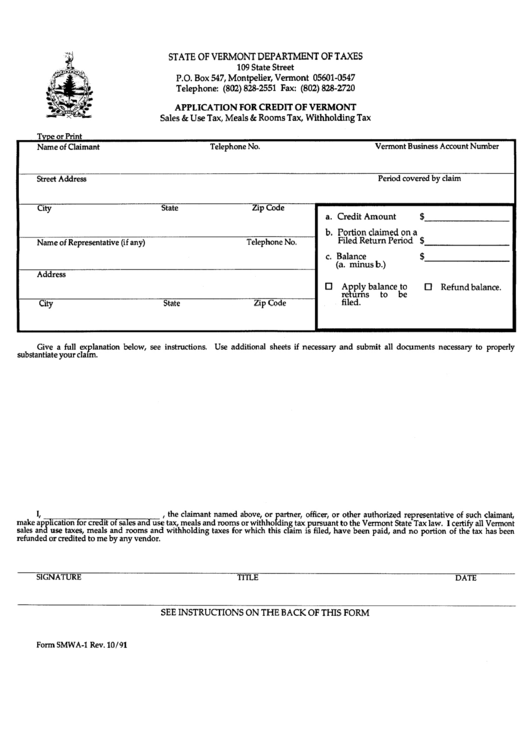 Form Smwa-1 - Application For Credit Of Vermont - Department Of Taxes Printable pdf