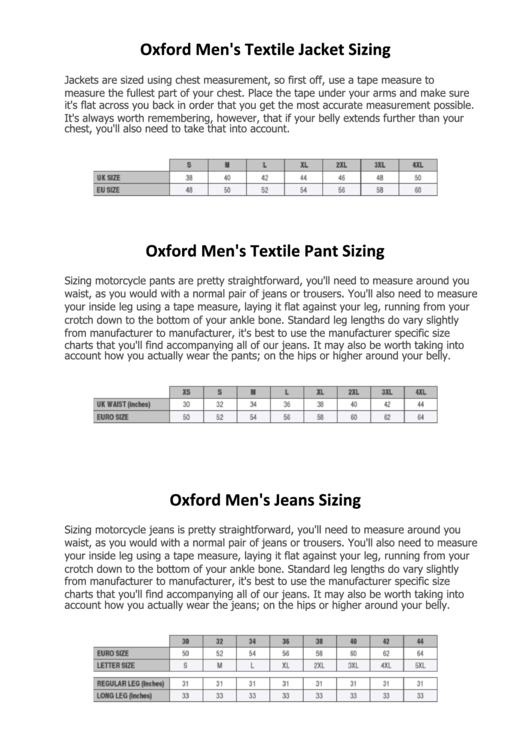 Oxford Textile Size Chart Printable pdf
