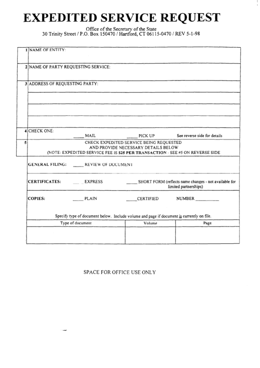 Expedited Service Request - Connecticut Secretary Of State Printable pdf