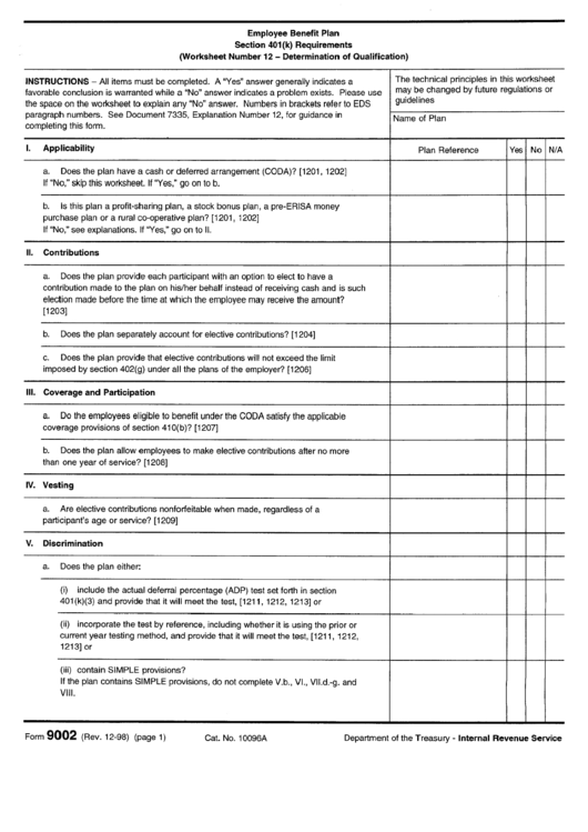 Form 9002 - Employee Benefit Plan Section 401(K) Requirements (Worksheet Number 12 - Determination Of Qualification) - Internal Revenue Service Printable pdf