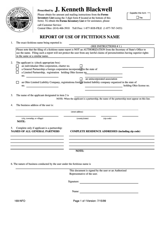 Report Of Use Of Fictitious Name - Ohio Secretary Of State Printable pdf
