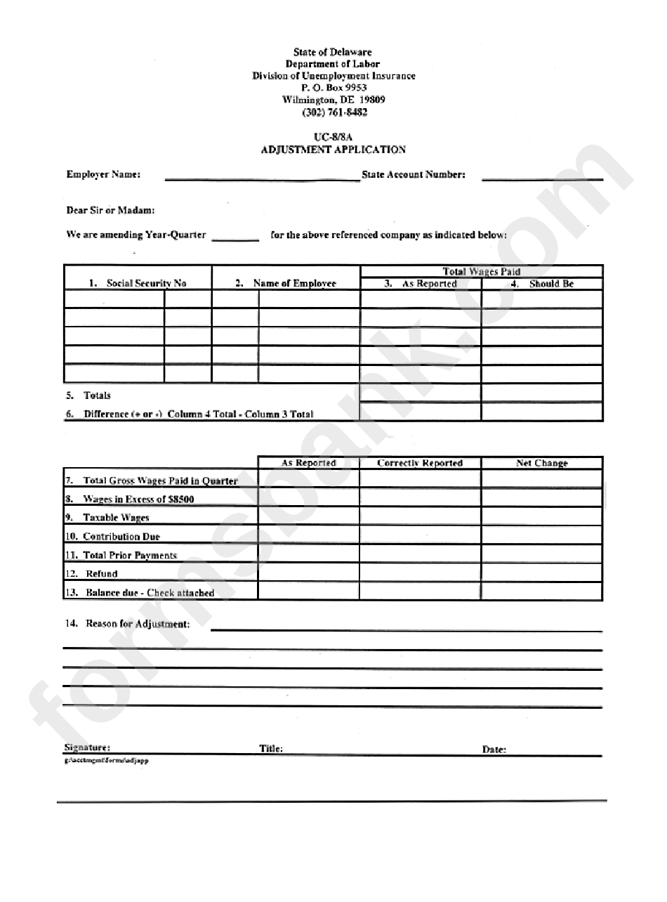 Form Uc-8/8a - Adjustment Application - Delaware Department Of Labor