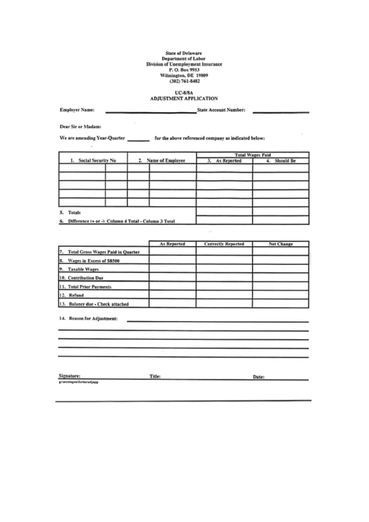 Form Uc-8/8a - Adjustment Application - Delaware Department Of Labor Printable pdf