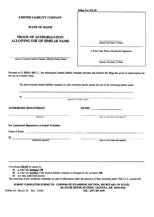 Form Mllc-15 - Proof Of Authorization Allowing Use Of Similar Name - Maine Secretary Of State Printable pdf