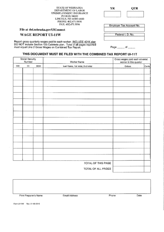 Form Ui-11w - Wage Report - Nebraska Department Of Labor Printable pdf