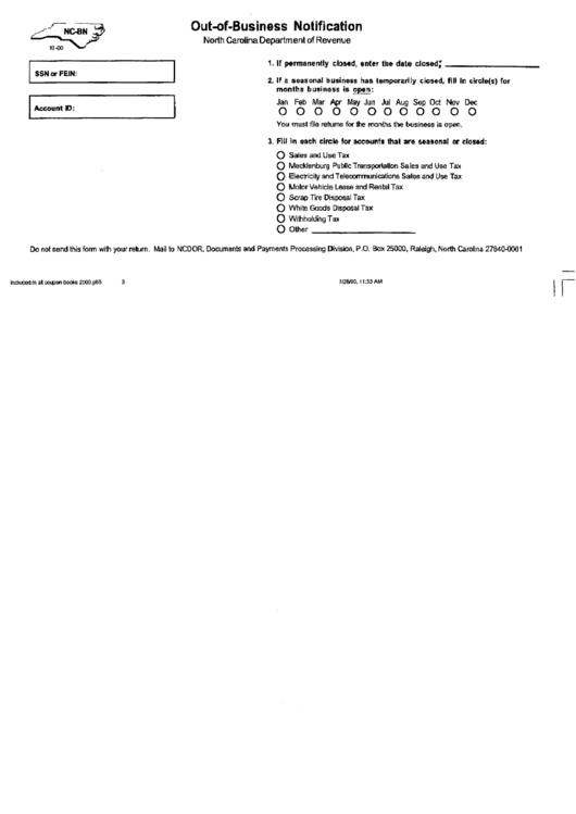 Form Nc-Bn - Out-Of-Business Notification - North Carolina Department Of Revenue Printable pdf