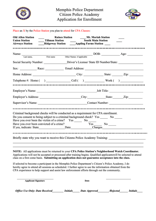 Application For Enrollment - Citizen Police Academy - Memphis Police Department Printable pdf