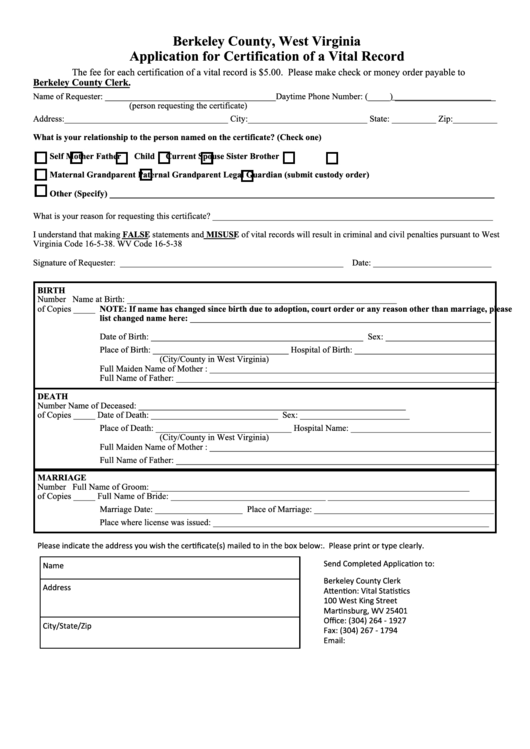 Fillable Application For Certification Of A Vital Record Form - Berkeley County Clerk Printable pdf