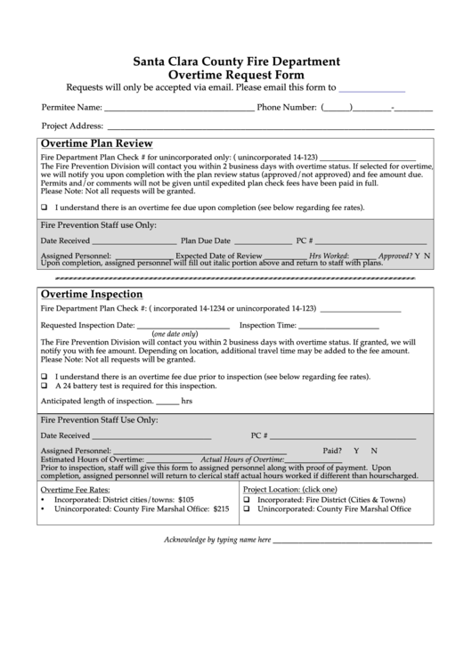 Fillable Overtime Request Form - Santa Clara County Fire Department Printable pdf