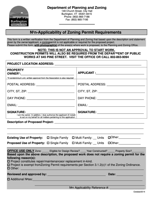 Non-Applicability Of Zoning Permit Requirements - Department Of Planning And Zoning Printable pdf