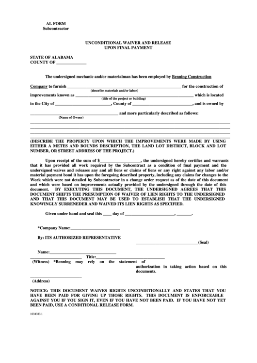 Al Form - Unconditional Waiver And Release Upon Final Payment