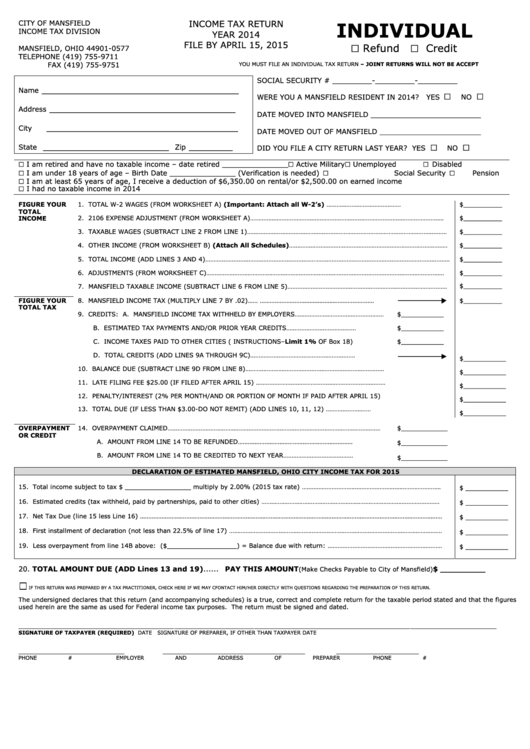Fillable Income Tax Return Form - City Of Mansfield - 2014 Printable pdf