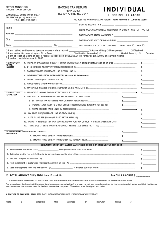 Fillable Income Tax Return Form - City Of Mansfield - 2013 Printable pdf
