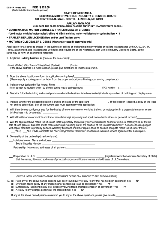 Fillable Form Dlb-1a - Application For Combination Motor Vehicle, Trailer & Motorcycle Dealer License Printable pdf