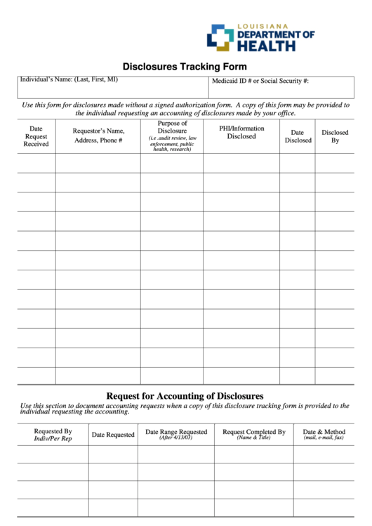 Form Hipaa 702p - Disclosures Tracking Form - Louisiana Department Of Health Printable pdf