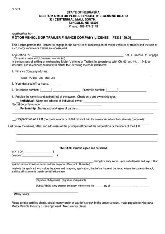 Fillable Form Dlb-7a - Application For Motor Vehicle Or Trailer Finance Company License Printable pdf