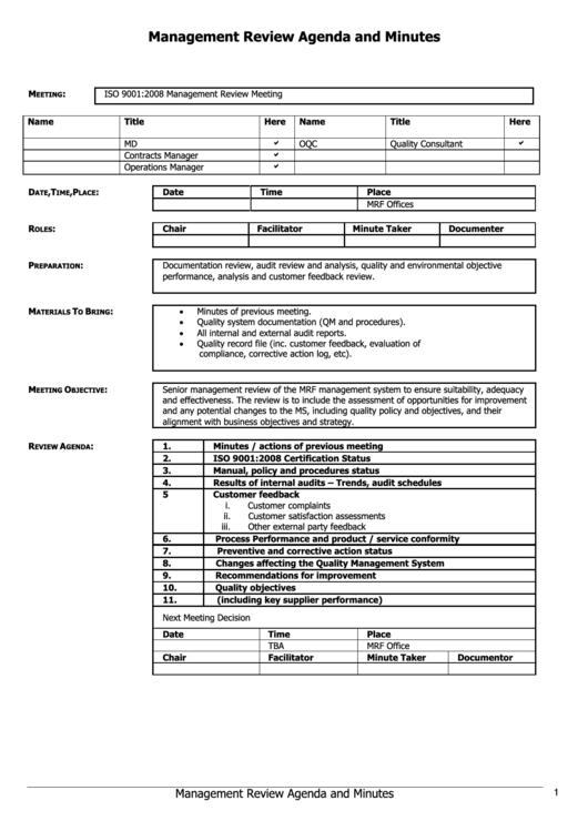 Management Review Agenda And Minutes Template