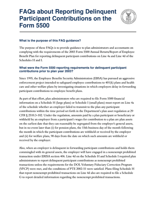 Faqs About Reporting Delinquent Participant Contributions On The Form 5500 - U.s. Department Of Labor Printable pdf