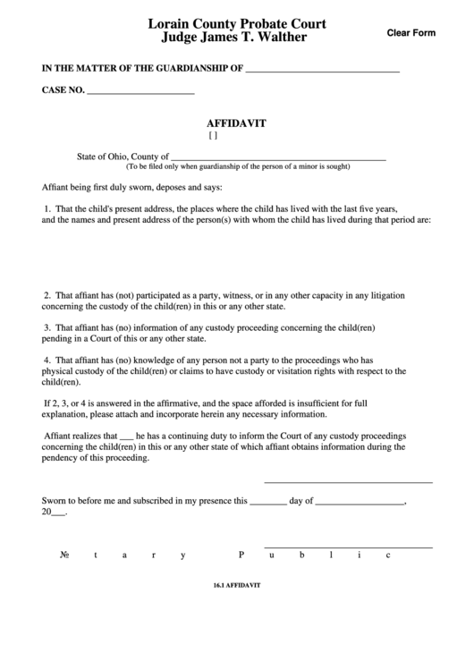 Fillable Form 16.1 - Affidavit - Lorain County Probate Court Printable pdf