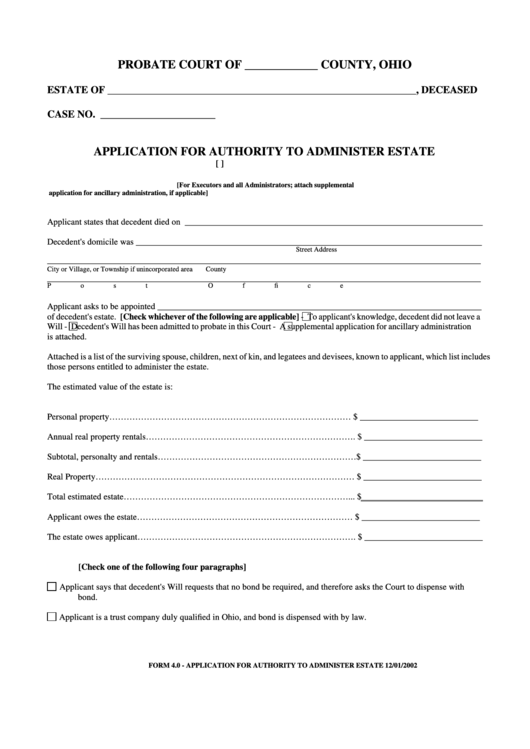 Fillable Form 4.0 - Application For Authority To Administer Estate Printable pdf