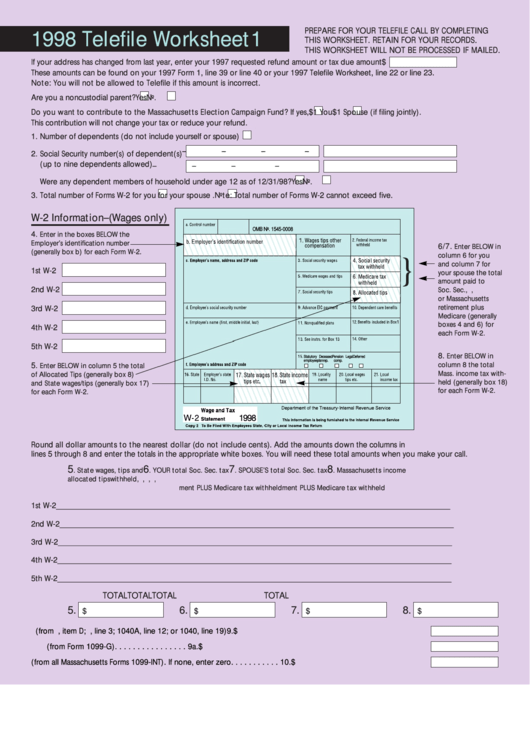 Fillable Telefile Worksheet 1, 2 - 1998 - Massachusetts Department Of Revenue Printable pdf