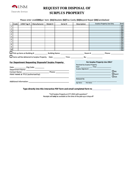 Fillable Request For Disposal Of Surplus Property Printable pdf